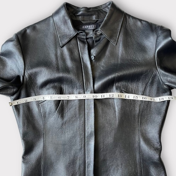 90s Express Leather Moto Fitted Shirt Light Jacket Button Front Black M - Picture 6 of 9